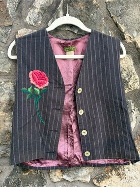Vtg ESPRIT cotton/linen Rose Embroidery boho vest sz LARGE